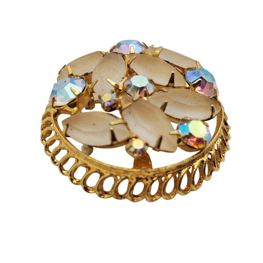 Satin Navette & AB Rhinestone Brooch Tan Gold Tone Filigree Pin Round Openwork - Picture 4 of 6